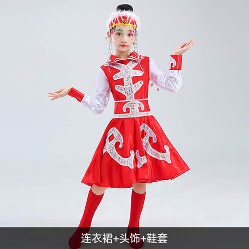 高档白夏季童蒙古族马儿舞女童舞台走秀少族数民族蒙舞蹈服筷子舞
