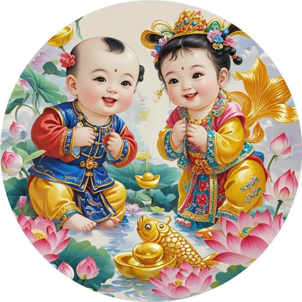 中国风招财福娃宝宝圆形贴纸门窗衣柜玄关客厅墙壁自粘防水贴纸画