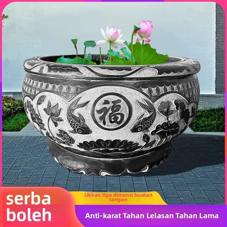 石雕鱼缸花盆彷古圆缸庭院门海流水石缸家用石头荷花缸养鱼池摆件