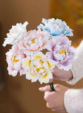 陶瓷手工牡丹仿真花束插花瓶家居摆件装饰假花景德镇文创节日礼品