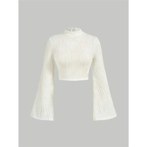 Women Textured Mock Neck Flare Long Sleeve Crop Top Fall Win