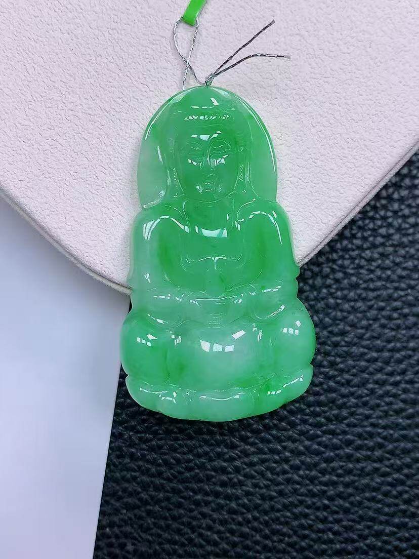 天然真品翡翠正品 水润细腻气质18k金镶嵌冰阳绿满阳色观音吊坠