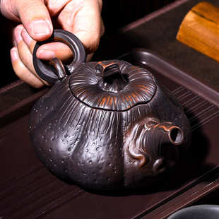 家用紫陶茶壶陶瓷家用大容量南瓜壶分茶器功夫茶具泡茶器手工雕刻