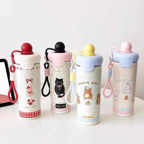 新款浮球杯316不锈钢保温杯大容量水杯卡通高颜值便携提绳吸管杯