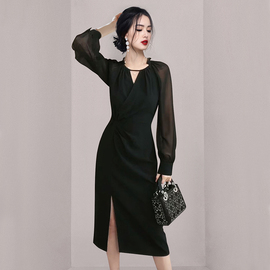 黑色雪纺连衣裙女春季高端精致气质高级感赫本风法式收腰礼服长裙