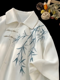 新中式白色短袖衬衫男款夏季国风刺绣汉服唐装大码宽松高级感衬衣