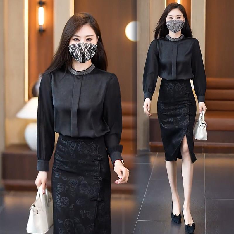 极速时尚气质套装女秋季新款洋气显瘦立领长袖衬衫半身包臀裙两件