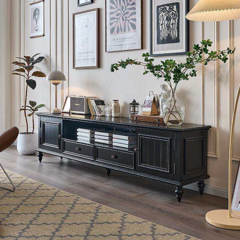 美式轻奢全实木电视柜茶几组合现代简约小户型客厅矮柜落地柜黑色