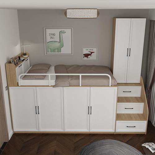 北欧实木上床下柜多功能组合床衣帽间衣柜床一体小户型儿童半高床