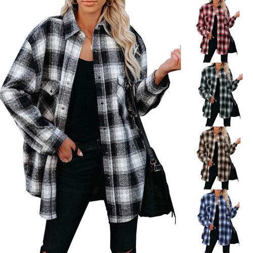 Women's plaid shirt, mid to long style, lapel cardigan