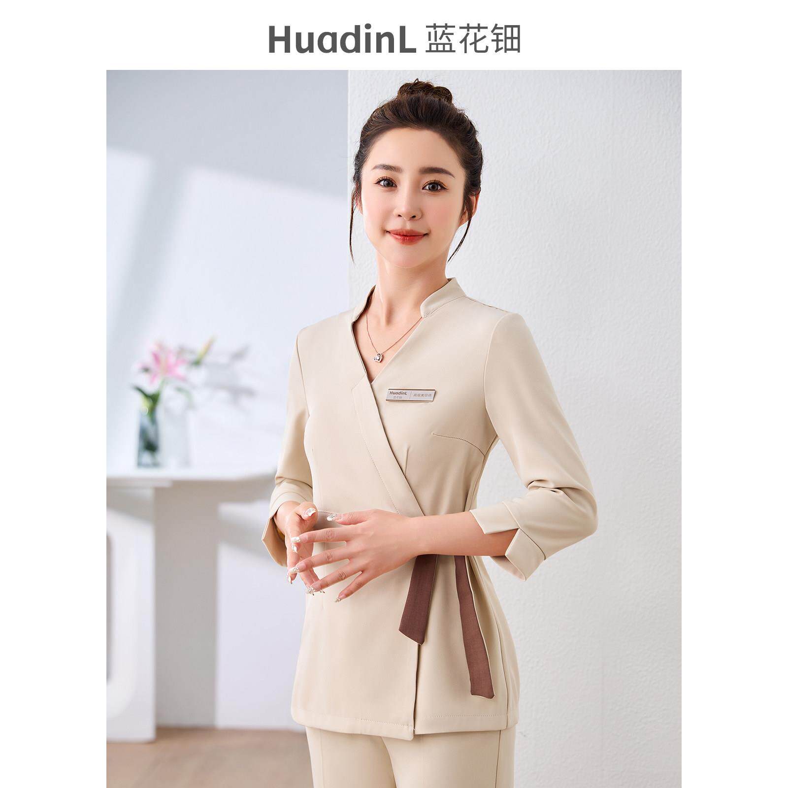 蓝花钿短袖美容师工作服 高端SPA养生馆服装 撞色设计养生服