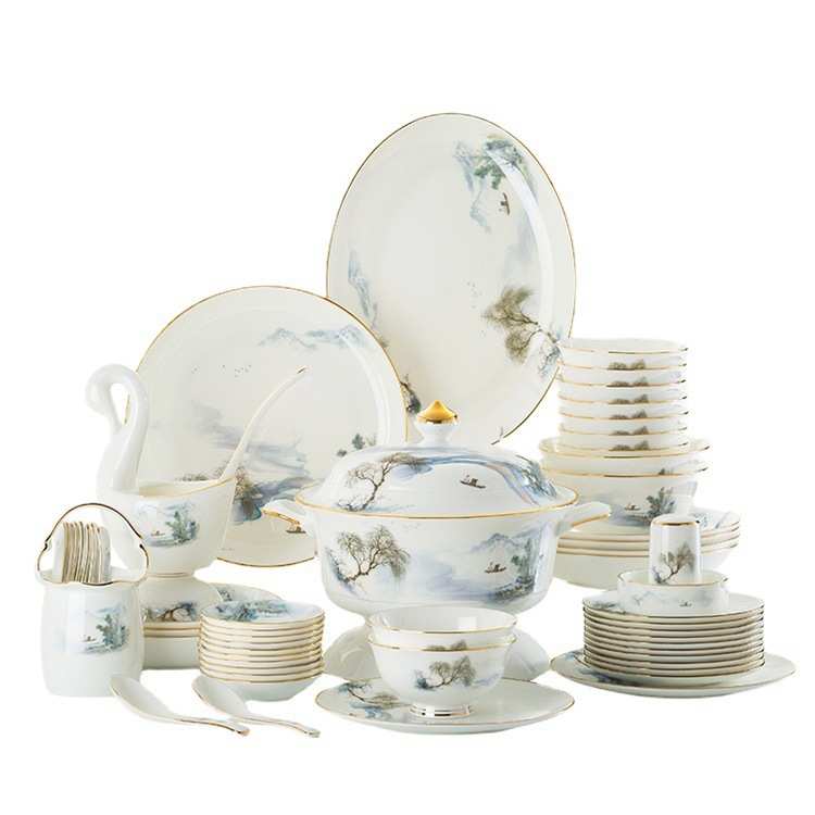 景德镇骨瓷餐具套装金边陶瓷碗盘组合新中式送礼碗碟套装家用轻奢