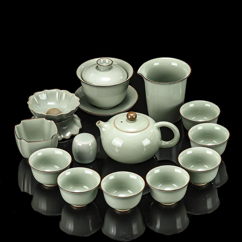 正品汝窑功夫茶具陶套装整套开片家用瓷办公室会壶客泡茶盖碗礼盒
