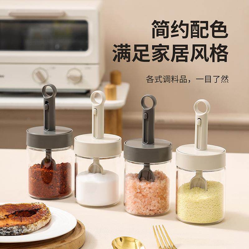 高硼硅玻璃调味罐勺盖一体调料罐厨房密封防潮调味瓶家用调料盒