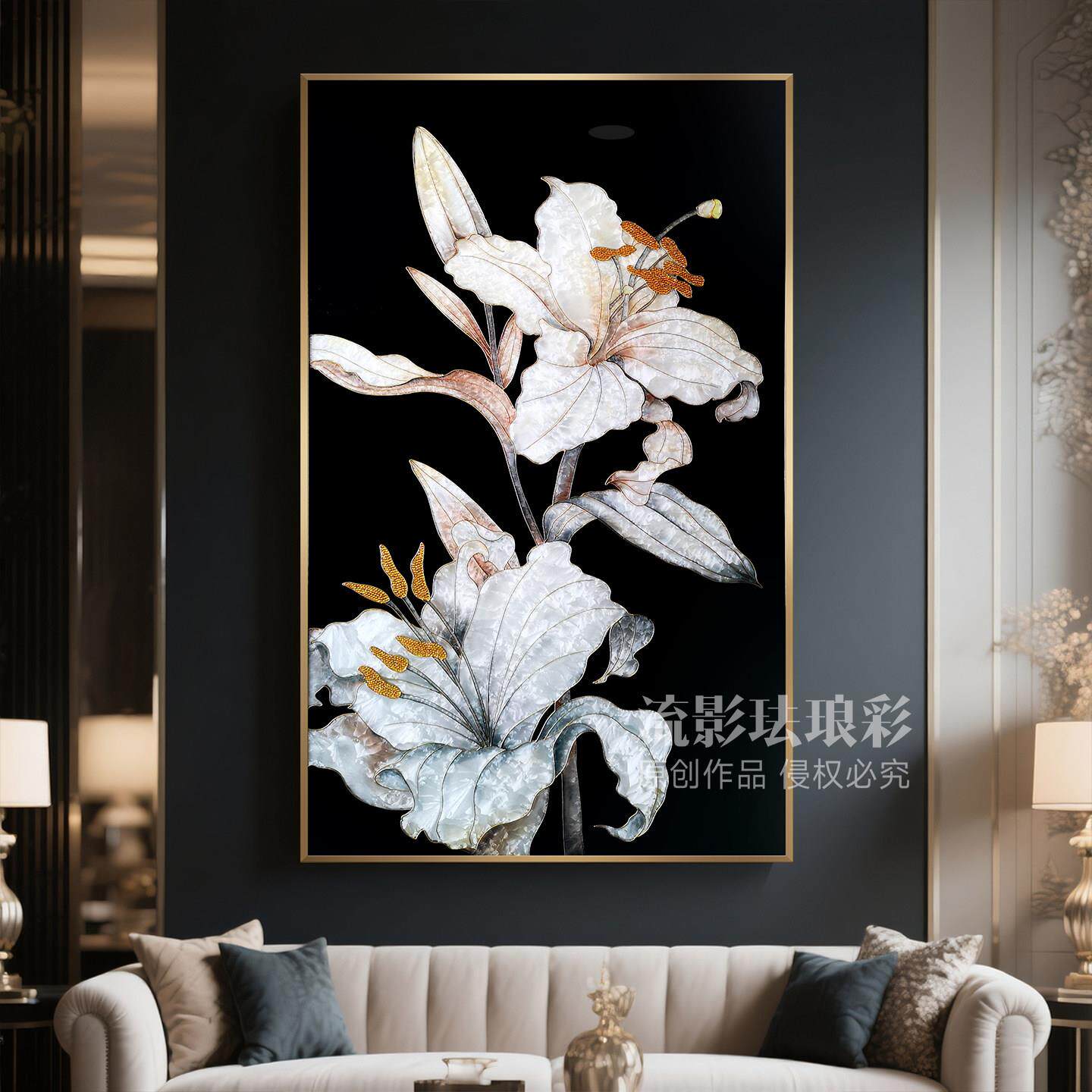珐瑯彩装饰画 画百合玄关背景墙走廊挂画 画高级轻奢高级装饰画