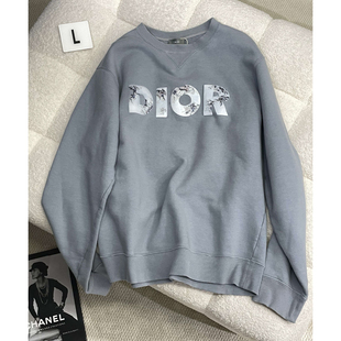 [95新]DIOR迪奥字母logo印花圆领长袖雾霾蓝卫衣男女同款春秋款#L