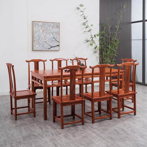 榆木明清古典长方形实木家具餐桌 板面餐椅组合 仿古住宅家具