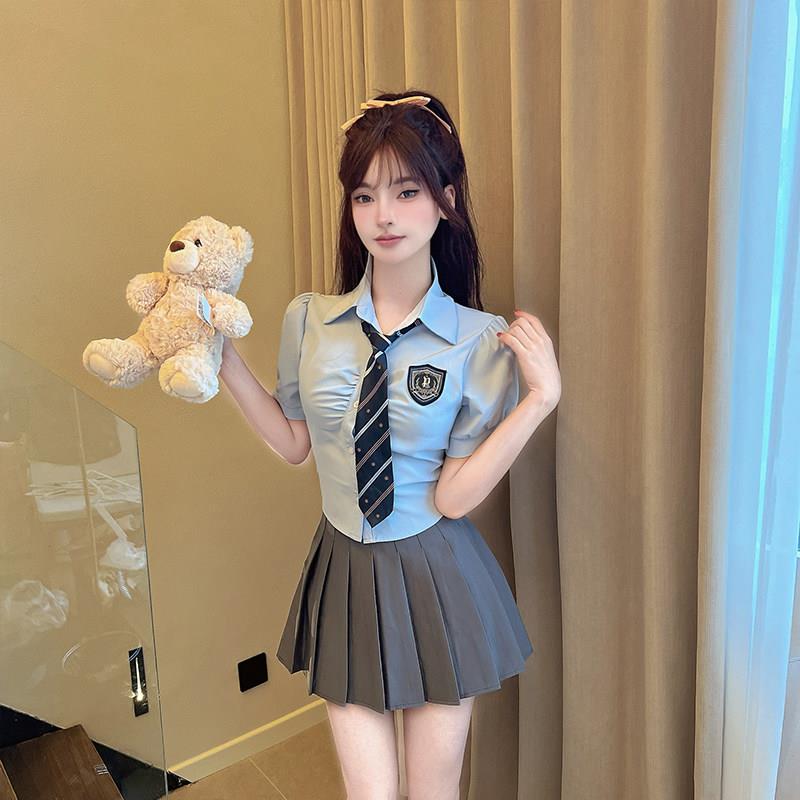 学院风套装领带白衬衫百褶裙夏制服前台接待足疗技师工作服