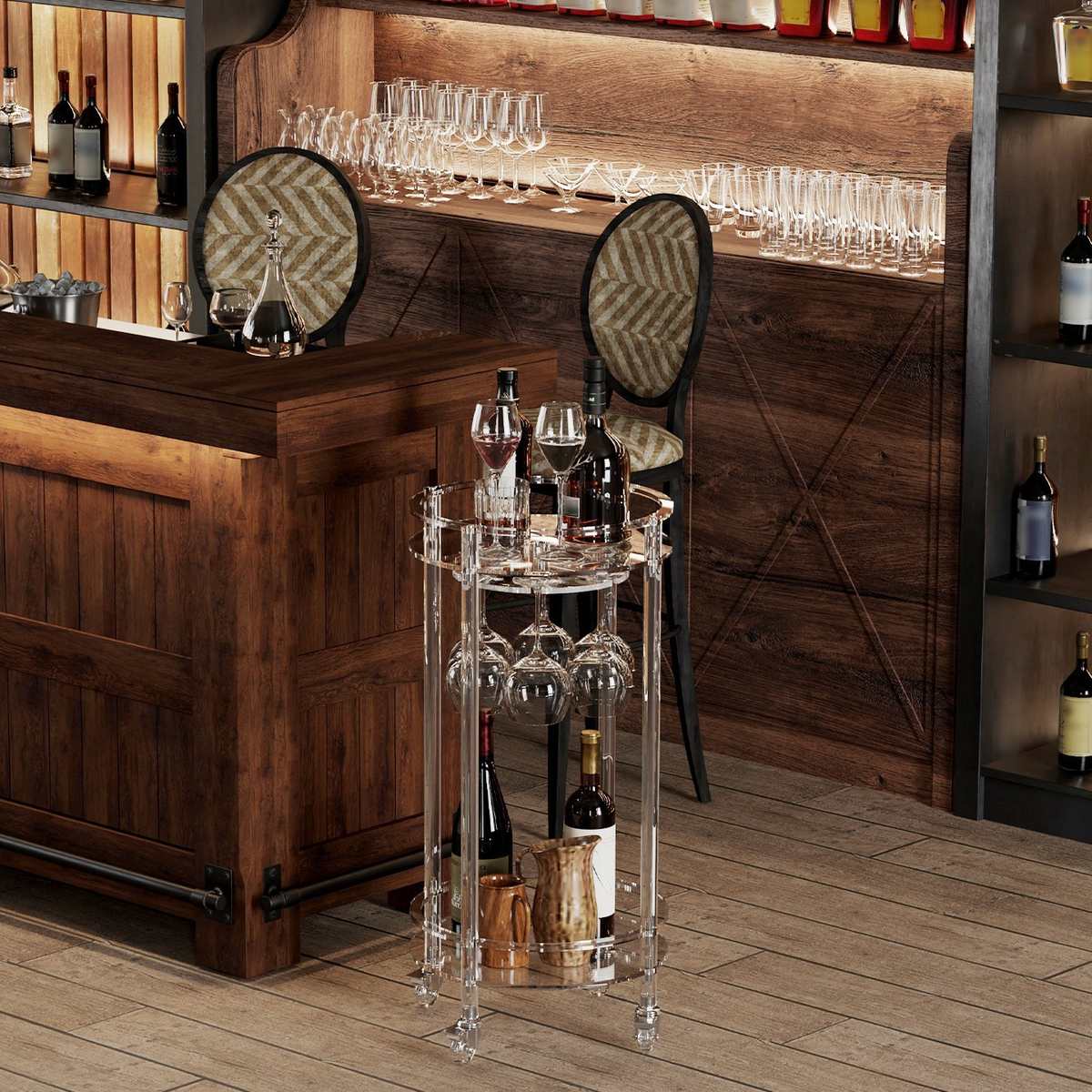 现货亚克力透明酒吧推车二层带杯架高颜值置物架圆形中古风小推车