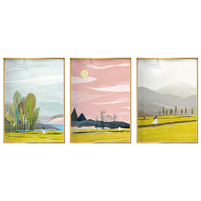 北欧日系小清新四季风景森林装饰画客厅沙发背景三联画儿童房挂画