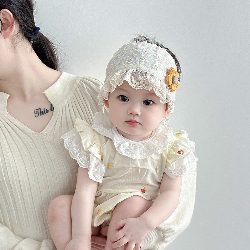 婴幼儿护囟门帽子夏季薄款空顶胎帽新生女宝宝遮阳发带甜美花朵帽