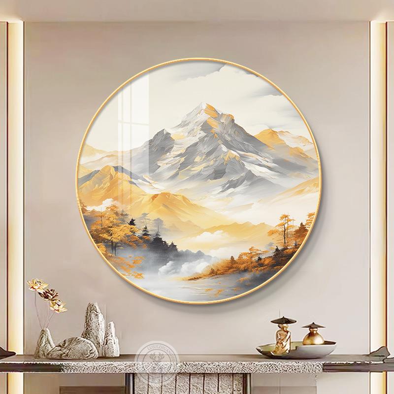 新中式圆形画挂画入玄关山水白画客厅大墙装饰画高档JJ8433办户公