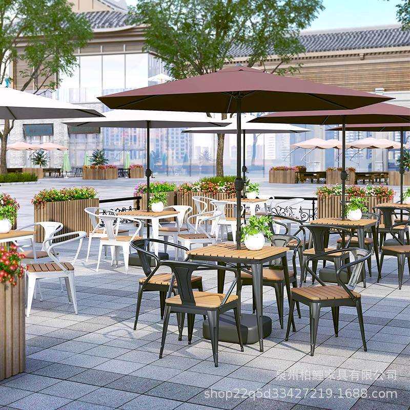 庭外铁艺桌椅带伞组合防腐塑木休闲餐桌椅靠背套装商业街外摆桌椅