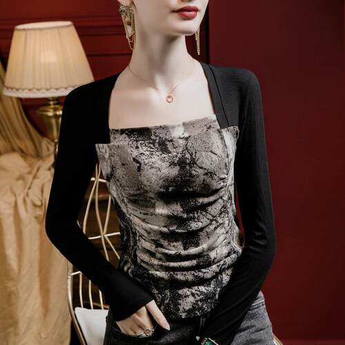 Square collar printed patchwork base shirt for women,