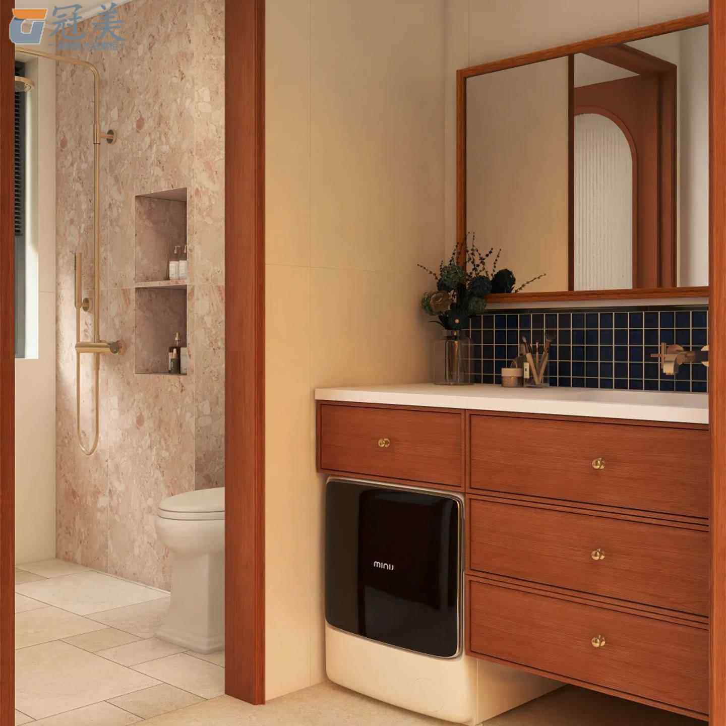 中古风岩板热弯一体盆浴室柜组合卫生间洗衣扫地机洗手脸洗漱台盆