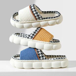 春秋亚麻拖鞋女厚底男女款四季家用情侣室内防滑静音棉居家四季拖