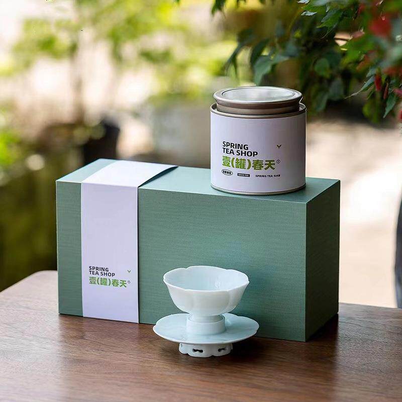一罐春天盏杯茶叶罐套组礼盒装陶瓷茶杯绿茶明前龙井茶叶包装空盒