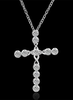 Fashion Crystal Cross Pendant Necklace Exquisite Zircon Silv