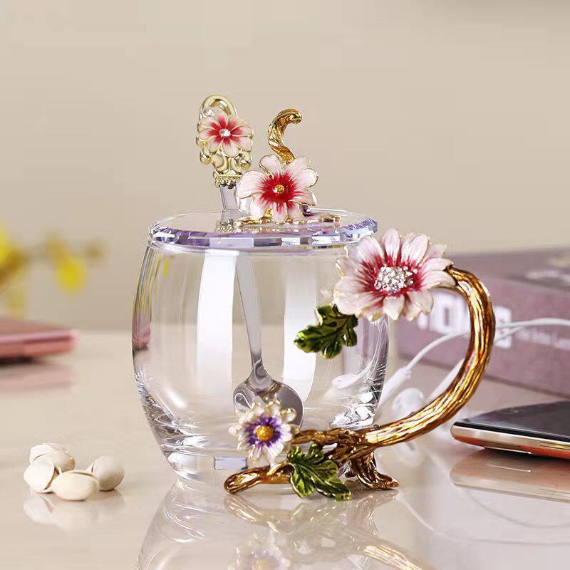 珐瑯彩水杯女高颜值耐热玻璃杯办公室花茶杯子高档茶杯精致咖啡杯