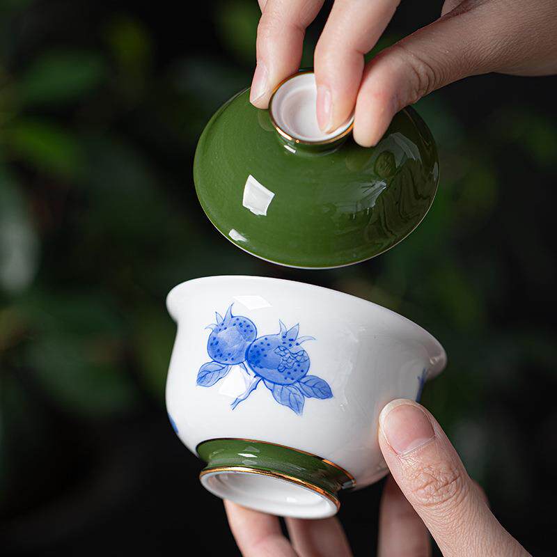 艺盛堂手绘石榴二才盖碗茶杯不烫手陶瓷泡茶碗中式田园风茶具茶碗
