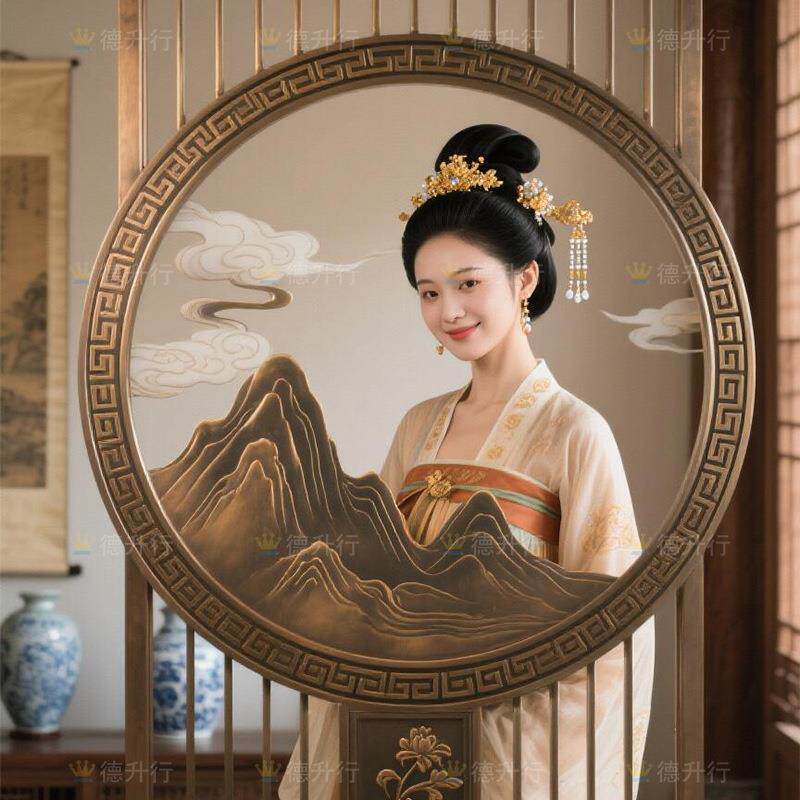 酒店仿古装饰玄关新中式不锈钢圆形假山屏风古典山水镂空雕花隔断