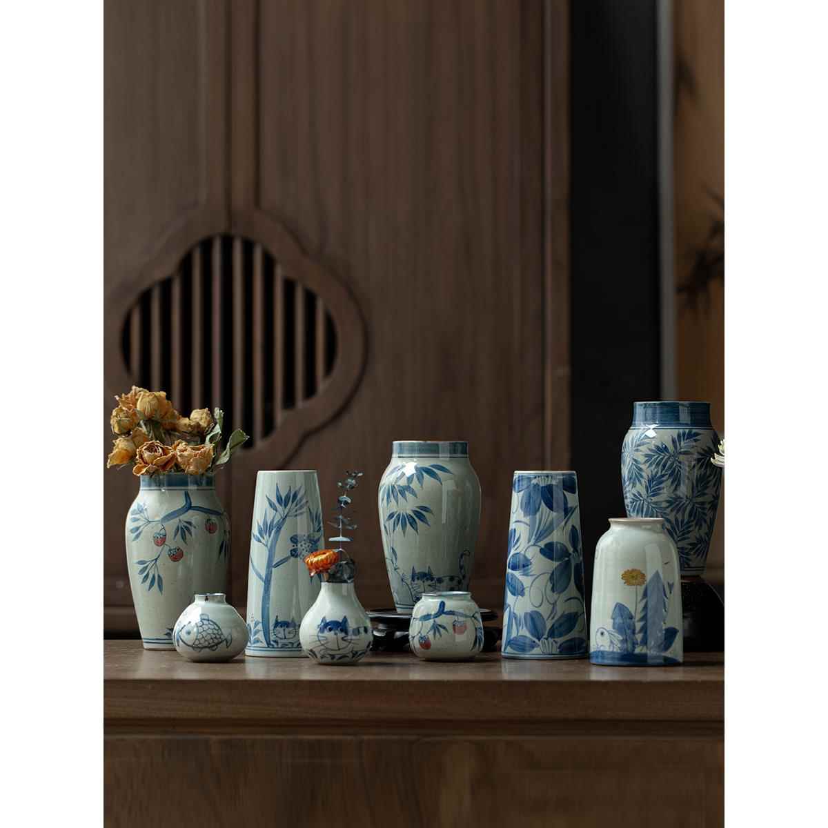 景德镇青花手绘陶瓷花瓶中式客厅插花装饰品摆件覆古粗陶花器水培