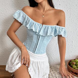 Women's Corset Off-Shoulder Tops Trendy Eyelets Ruffles Tie
