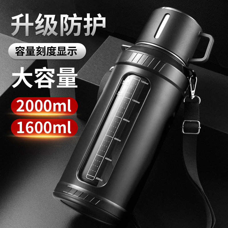 塑玻大容量玻璃水杯 便携耐高温刻度泡茶杯 户外高硼硅水樽2000ml
