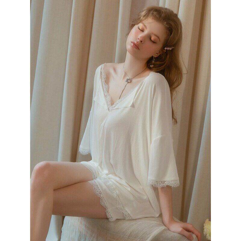CLAUDIE HOME宽松睡衣女莫代尔春夏季蕾丝纯欲短袖短裤家居服套装