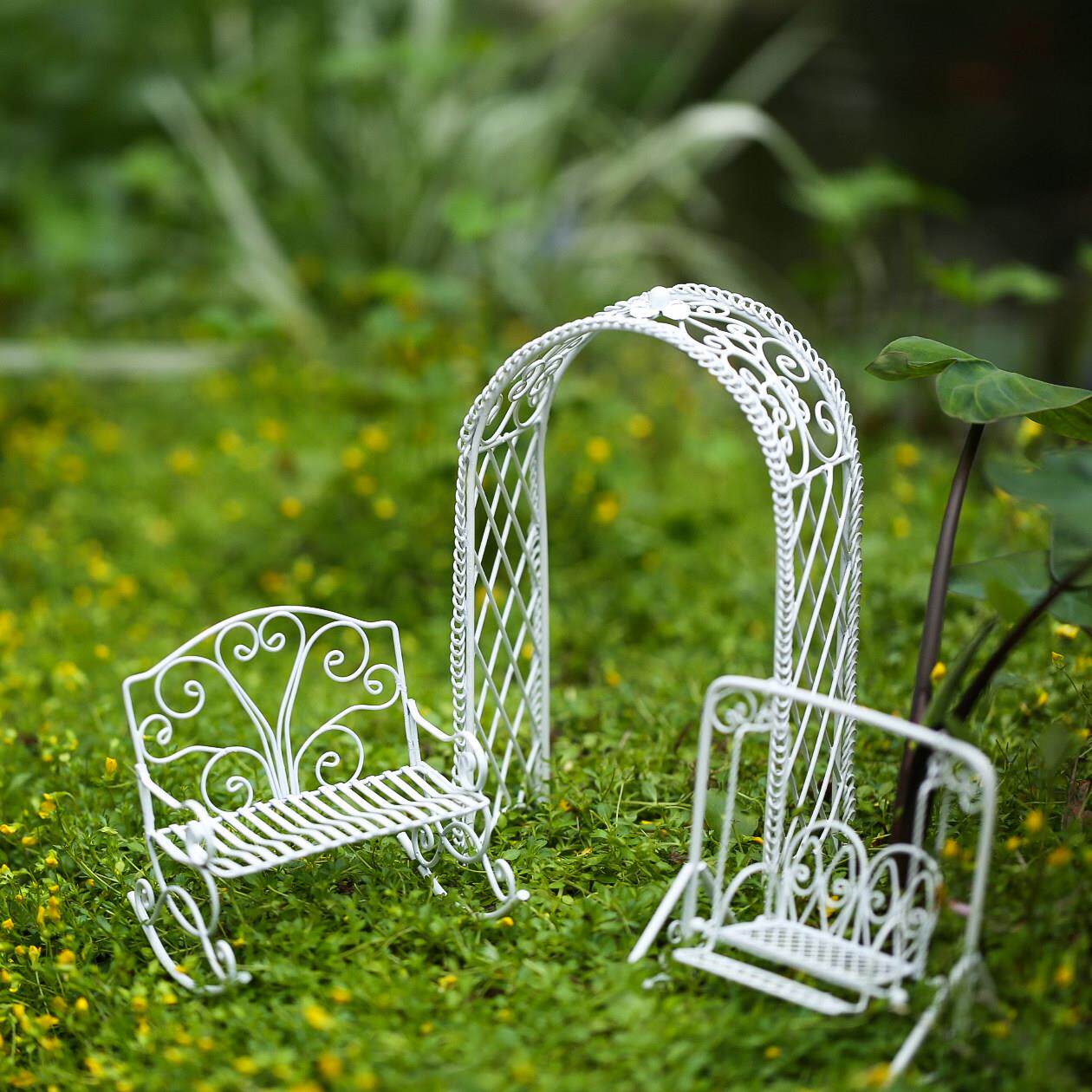 多肉微景观 园艺装饰纯手工小摆件娃屋家俱铁艺 迷你拱门秋千摇椅