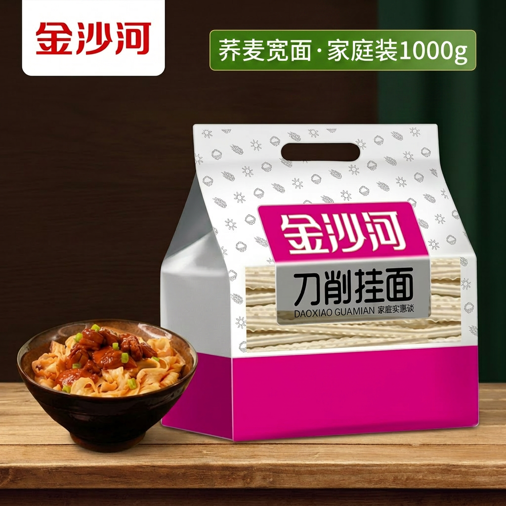 金沙河刀削挂面1000g荞麦宽面波纹面片家庭装速食拌面早餐面
