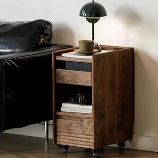 黑胡桃木色床头柜复古小户型实木床边储物柜子带轮沙发边窄柜推车