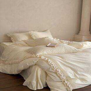 奶油森系全棉水洗棉四件套纯棉法式 花边被套床单超柔裸睡公主床品