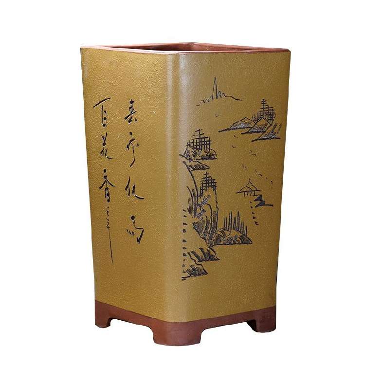 紫砂盆 透气 刻绘四方兰花盆 客厅室内落地款手工紫砂花盆户外盆