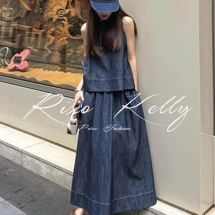 RIXO STREET夏季韩系穿搭洋气减龄休闲蓝色牛仔上衣半身裙套装女