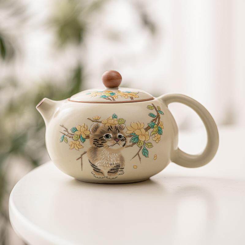 汝窑黄花萌猫西施壶家用泡茶单壶陶瓷功夫茶具可开片一壶两杯套装