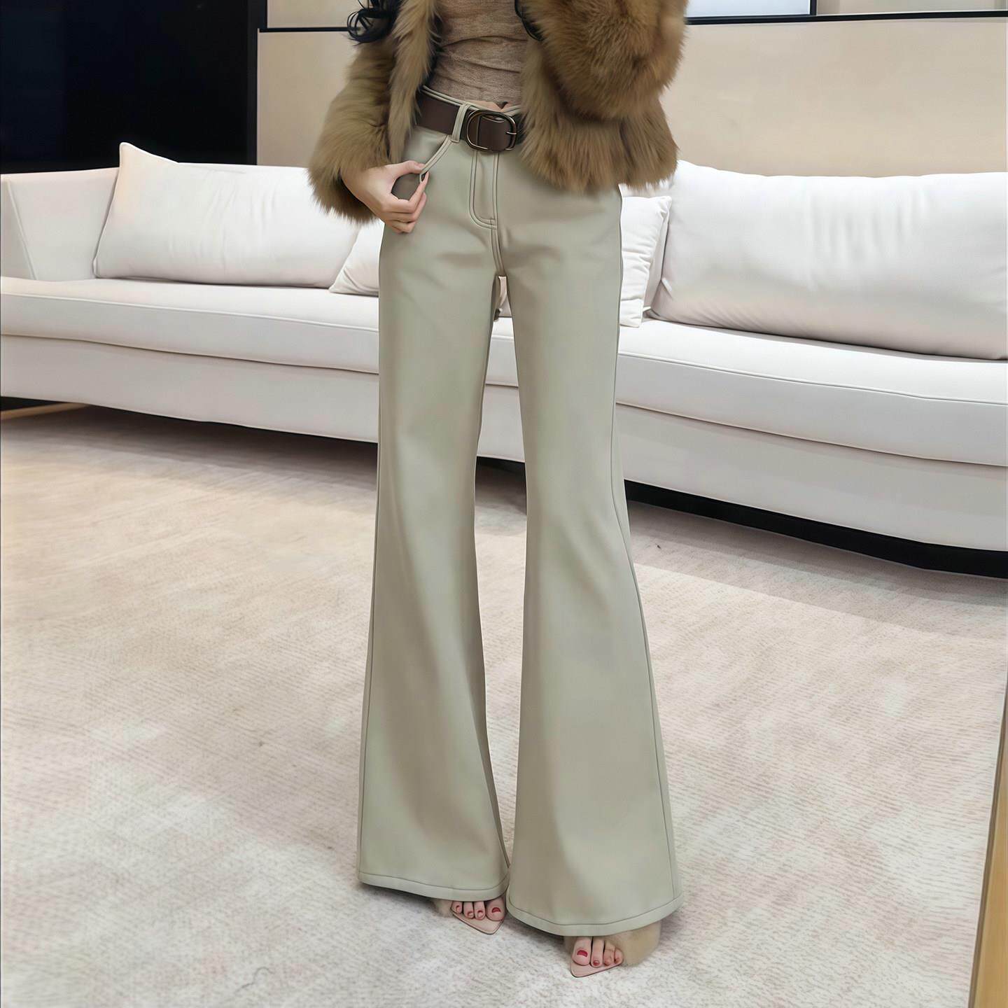 SPYB卡其色微喇叭牛仔裤女秋冬加绒高腰显瘦修身提臀马蹄拖地裤子