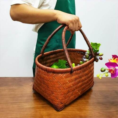 覆古竹编买菜篮提篮手工编购物篮提手篮竹制品外出游玩采摘篮大号
