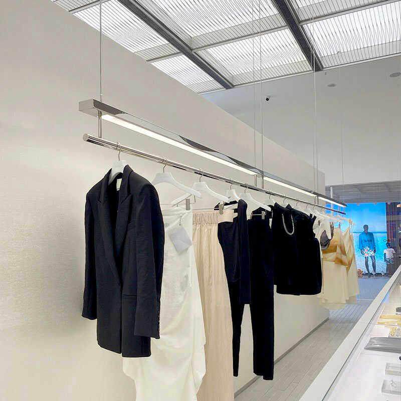 女装服装店展示架吊架挂式吊挂杆不锈钢带灯悬吊式天花板架橱窗陈