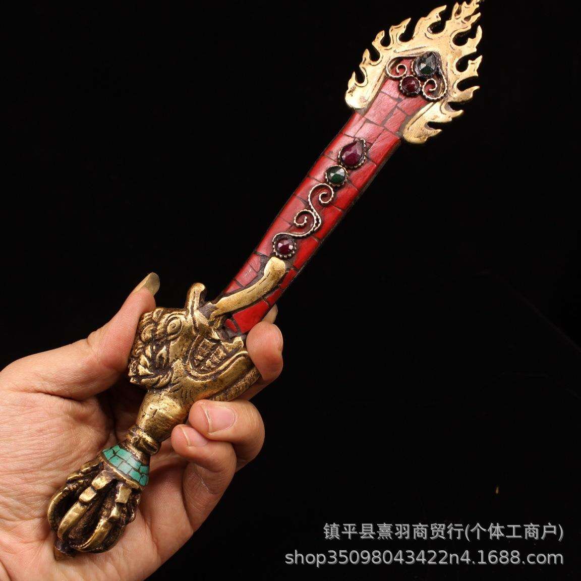 藏传仿古纯手工制作 纯铜镶松石镶宝石文殊剑 文殊法器 摆件